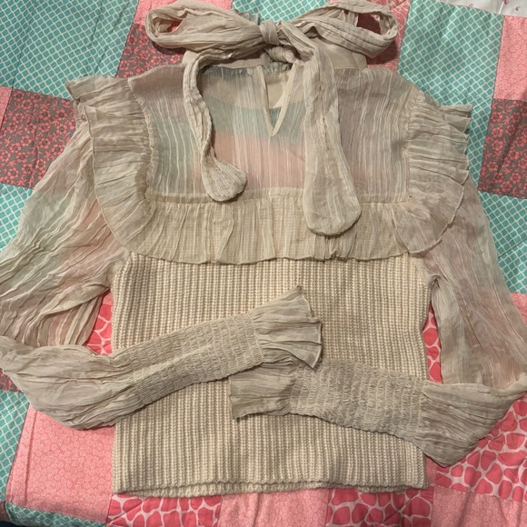 NWOT Zara Bloggers Fav Cream Chiffon Ruffle Ribbon Bow Tie Knit Sweater Top M - Picture 6 of 7